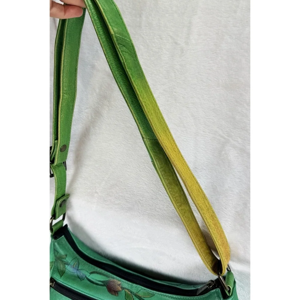 Anuschka‎ Hand Painted Green Leather Handbag Purse Birds Floral Organizer Art